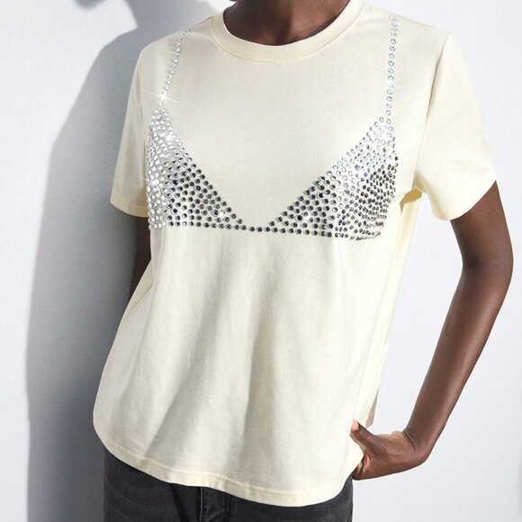 Apricot Casual Women's Rhinestone Design Round Neck Short Sleeve Versatile Comfo - Picture 1 of 6